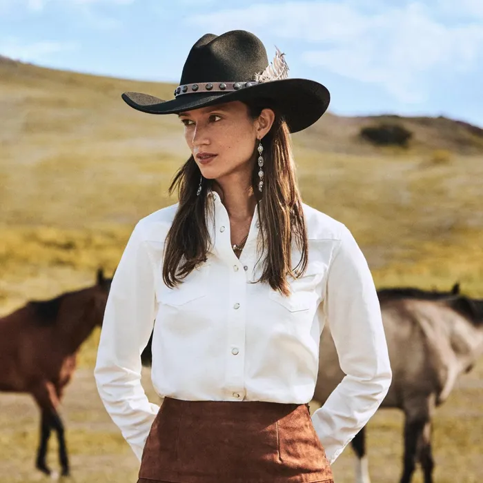 Western Shirts Women Stetson Western Embroidered Denim Shirt White