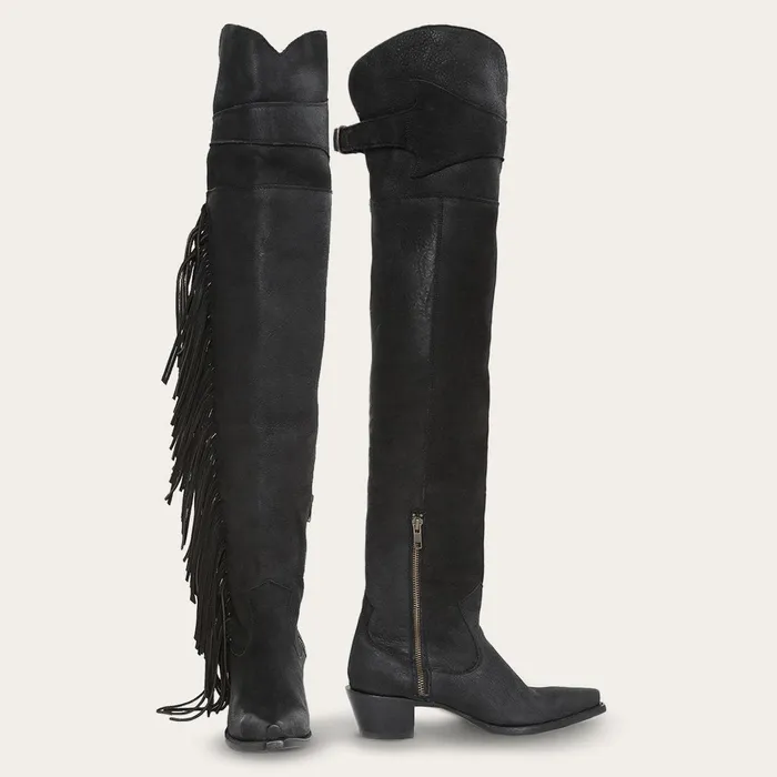 Western Women Stetson Black Fringe OverTheKnee Leather Boot Black