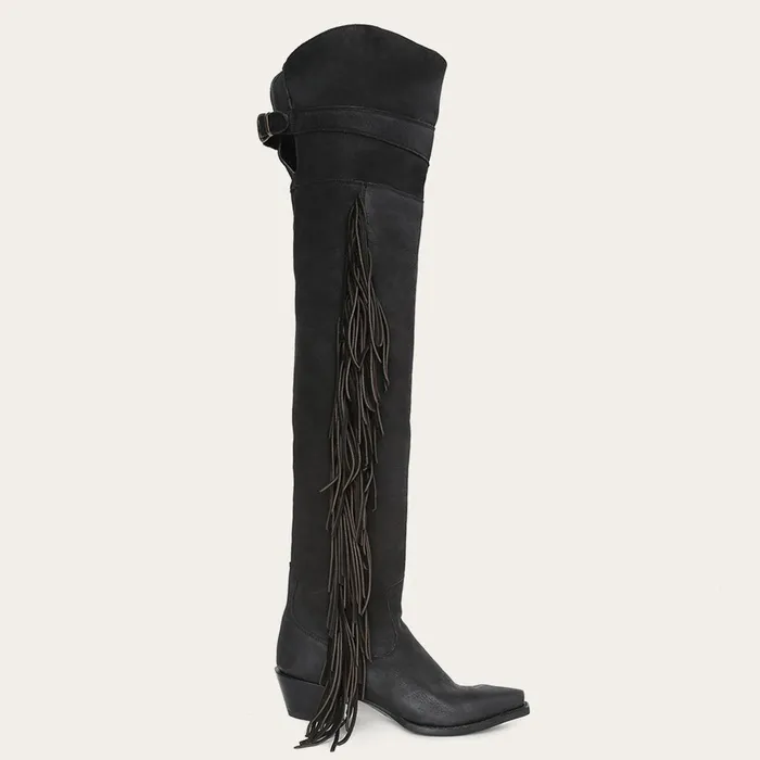 Western Women Stetson Black Fringe OverTheKnee Leather Boot Black