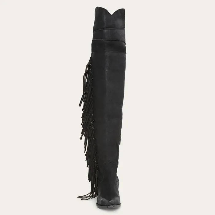 Western Women Stetson Black Fringe OverTheKnee Leather Boot Black