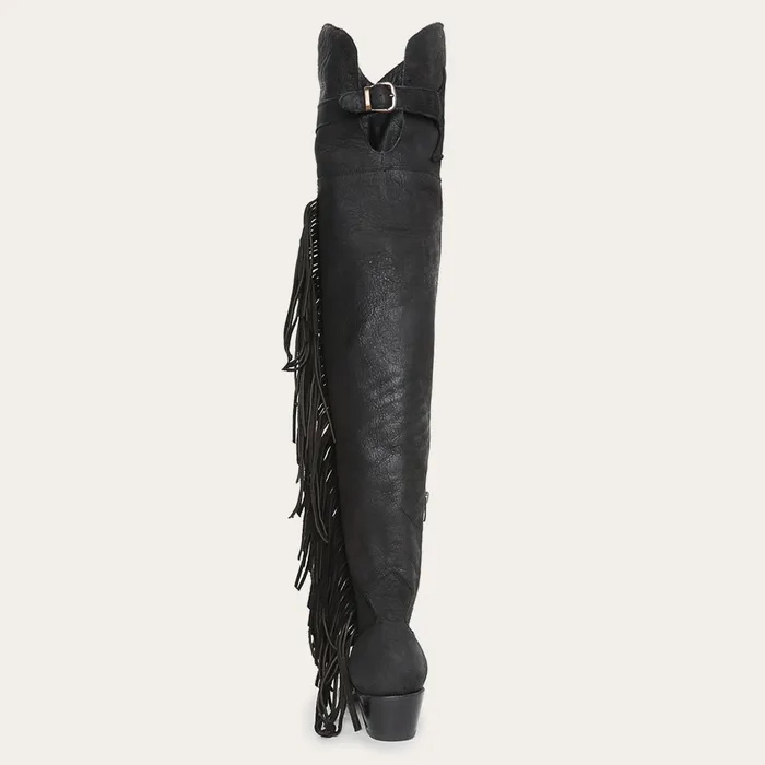 Western Women Stetson Black Fringe OverTheKnee Leather Boot Black
