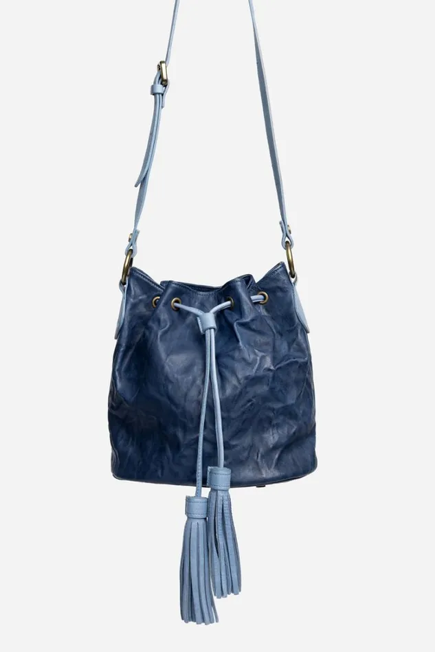 Women ABISSO ITALIAN LEATHER BUCKET BAG Blue Johnny Was Handbags