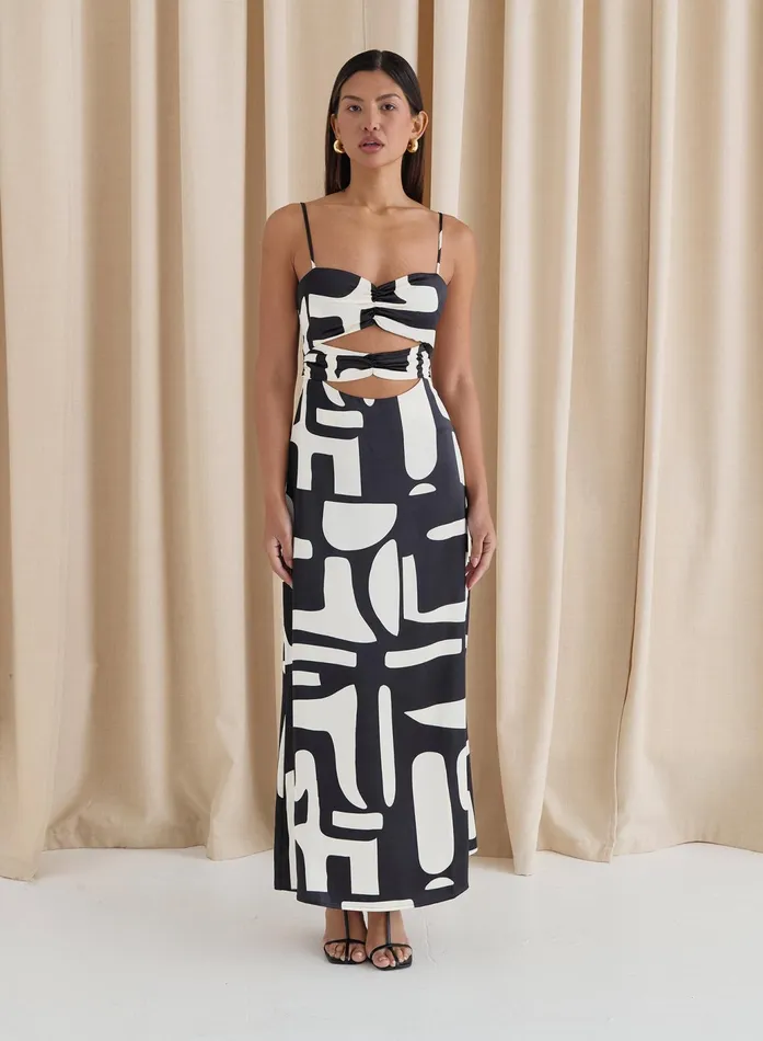 Women Abstract Print Satin Cut Out Detail Dress Debora 4th and Reckless Dresses