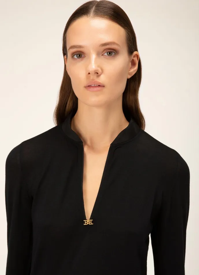 Women Bally Knitwear VNeck Sweater 8211 Wool Top In Black