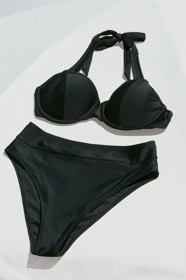 Women Bikini Bottoms Cupshe Keep It Cool Banded Cheeky High Waist Bikini Bottom Black