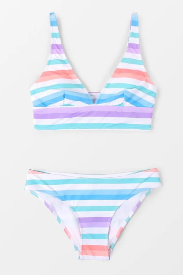 Women Bikini Sets Cupshe Bright Lights Stripe Tall Tri Midkini And Classic Hipster Set Multicolor