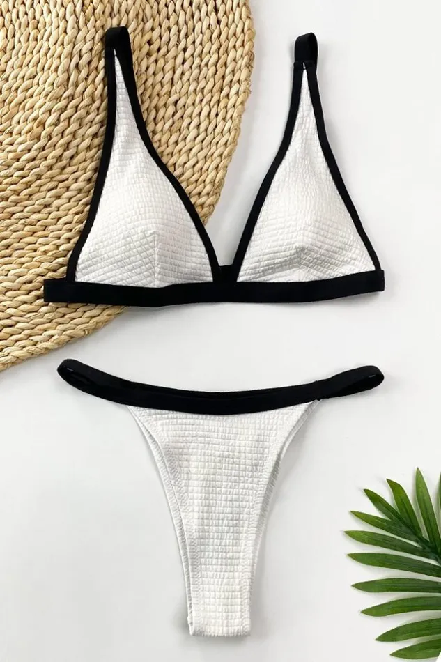 Women Bikini Sets Cupshe Contrast Trim Smocked Bikini Whiteblack