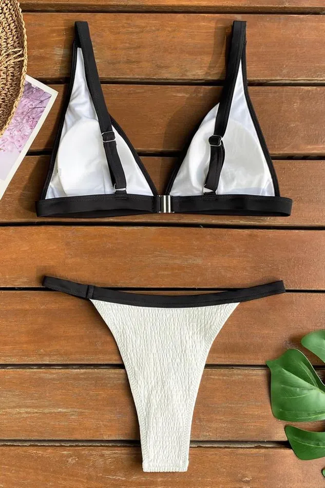 Women Bikini Sets Cupshe Contrast Trim Smocked Bikini Whiteblack