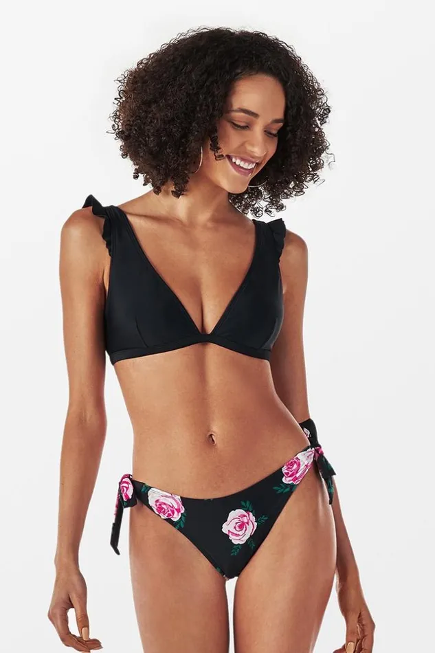 Women Bikini Sets Cupshe Melody Floral Side Ties Ruffle Bikini Black