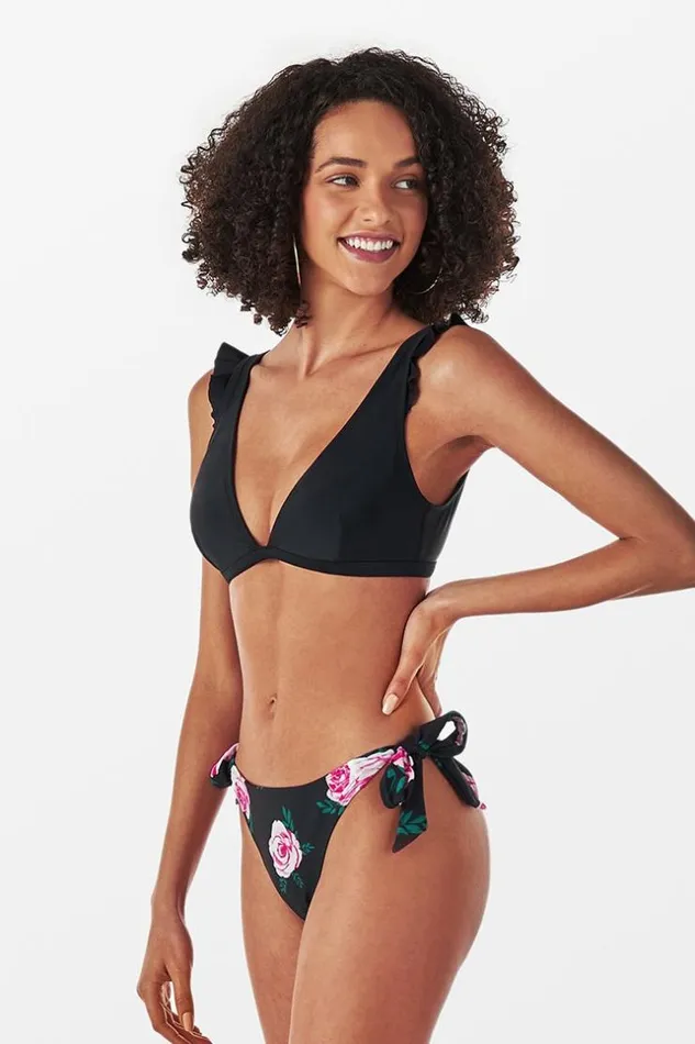 Women Bikini Sets Cupshe Melody Floral Side Ties Ruffle Bikini Black