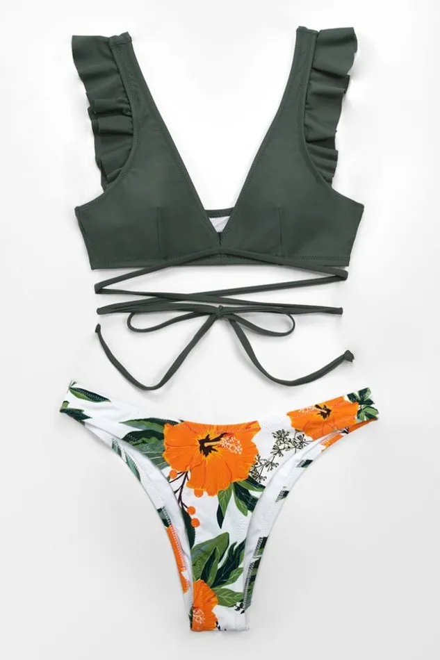 Women Bikini Sets Cupshe Olive And Floral Ruffle Lace Up Bikini Multicolor