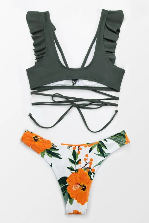 Women Bikini Sets Cupshe Olive And Floral Ruffle Lace Up Bikini Multicolor