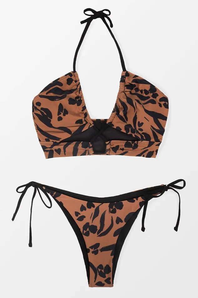 Women Bikini Sets Cupshe Wild At Heart Tan and Black Halter Tie Side Bikini Multicolor