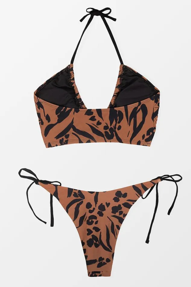 Women Bikini Sets Cupshe Wild At Heart Tan and Black Halter Tie Side Bikini Multicolor