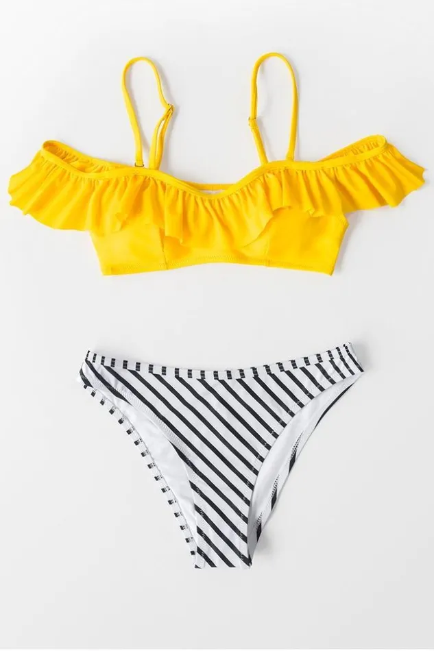 Women Bikini Sets Cupshe Yellow And Striped Ruffle Cold Shoulder Bikini Multicolor