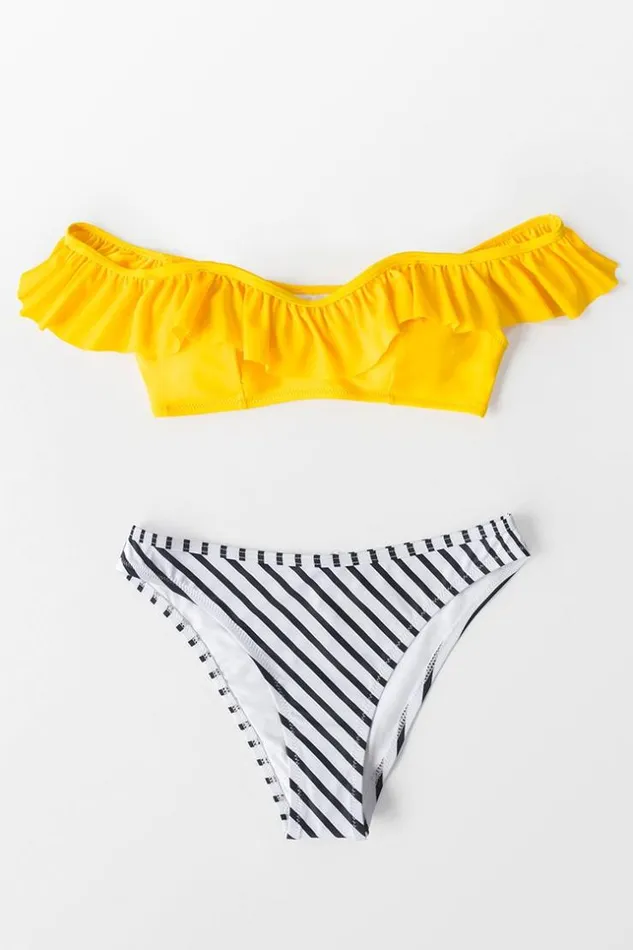Women Bikini Sets Cupshe Yellow And Striped Ruffle Cold Shoulder Bikini Multicolor
