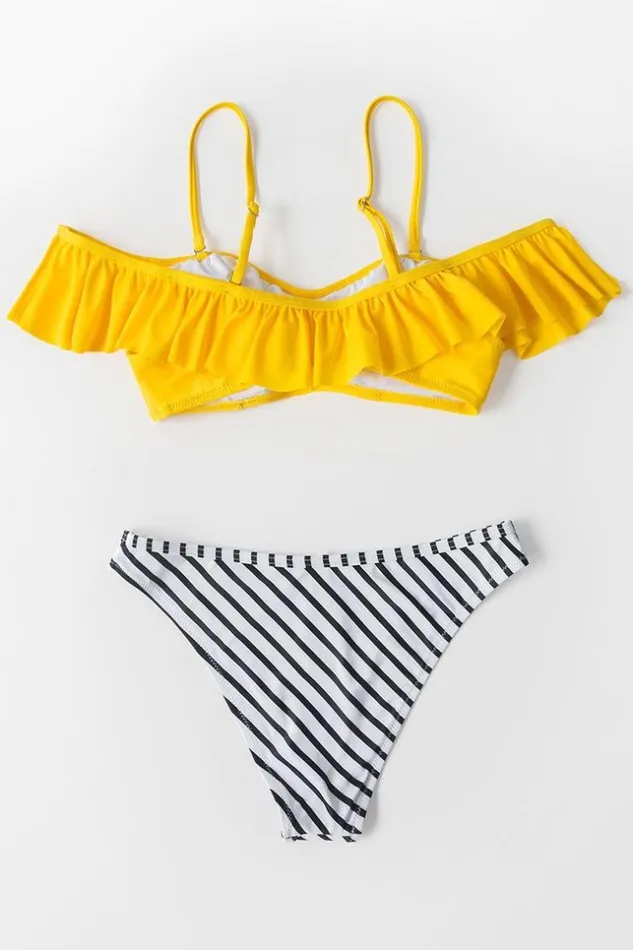 Women Bikini Sets Cupshe Yellow And Striped Ruffle Cold Shoulder Bikini Multicolor