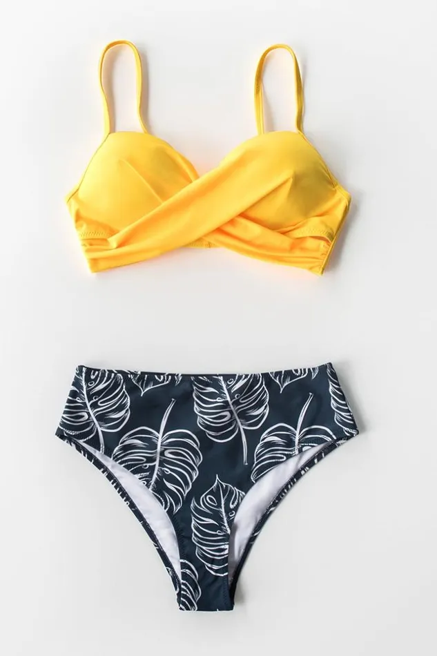 Women Bikini Sets Cupshe Yellow TwistFront And Palm Print High Waisted Bikini Multicolor