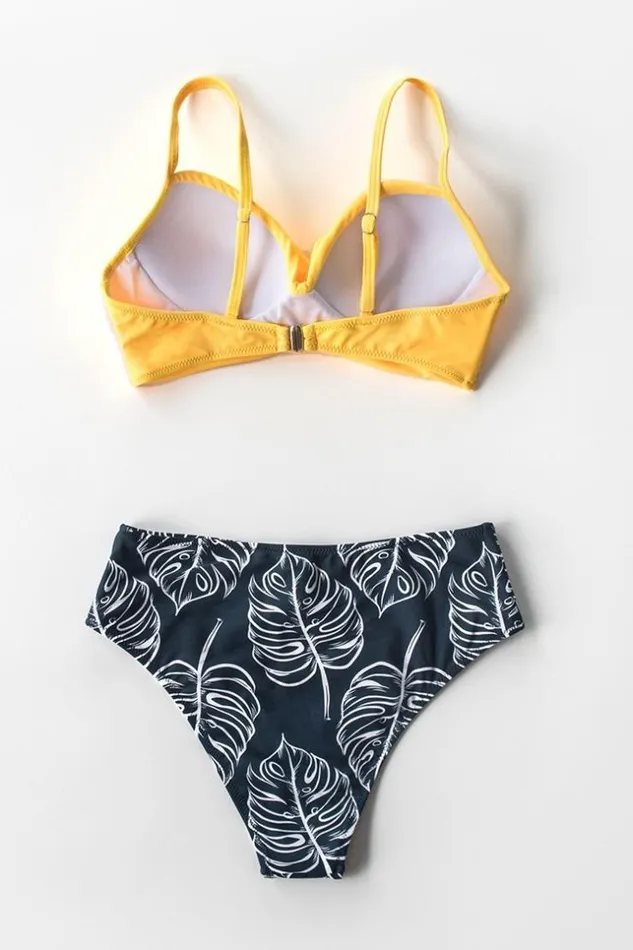 Women Bikini Sets Cupshe Yellow TwistFront And Palm Print High Waisted Bikini Multicolor