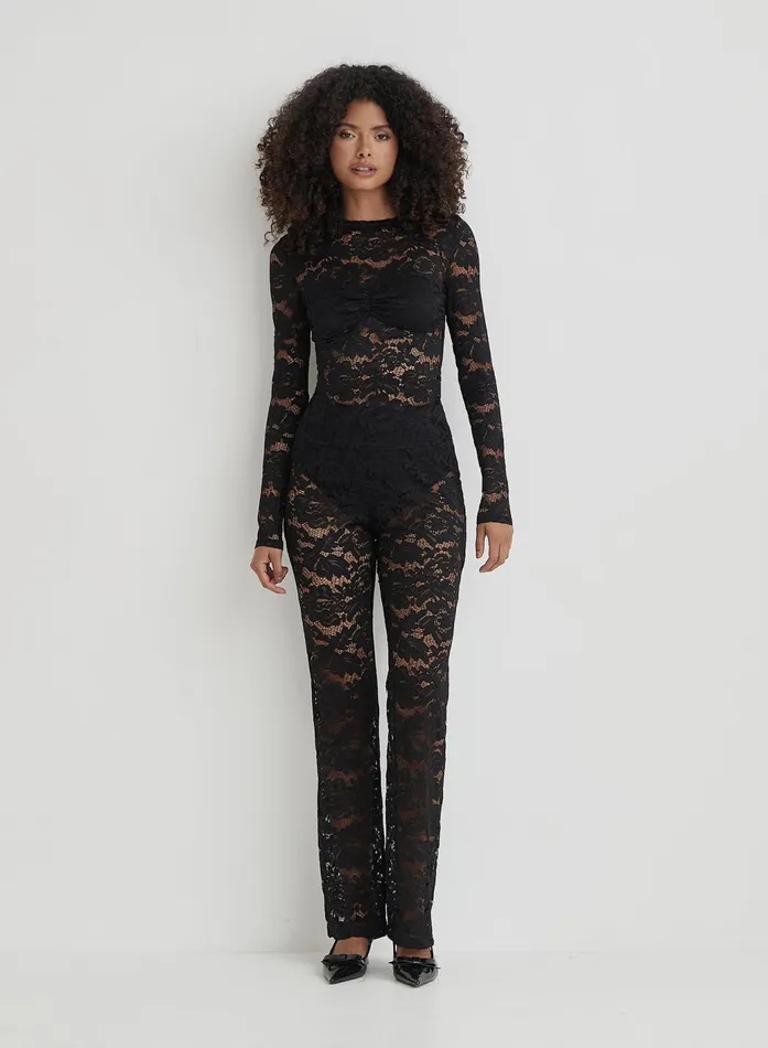 Women Black Lace Long Sleeve Bust Detail Top Abi 4th and Reckless Party Wear