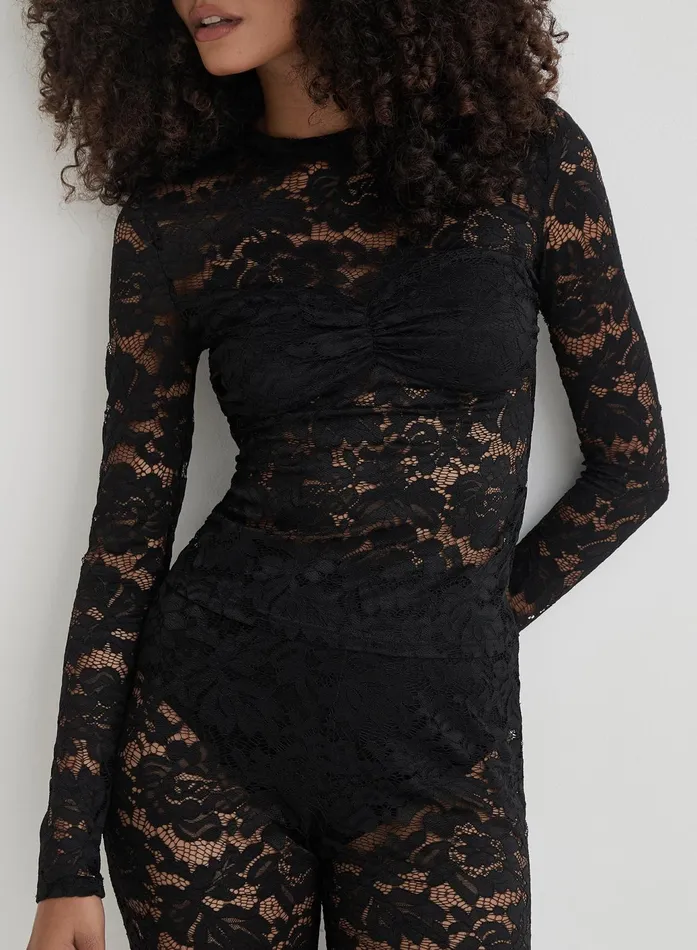 Women Black Lace Long Sleeve Bust Detail Top Abi 4th and Reckless Party Wear