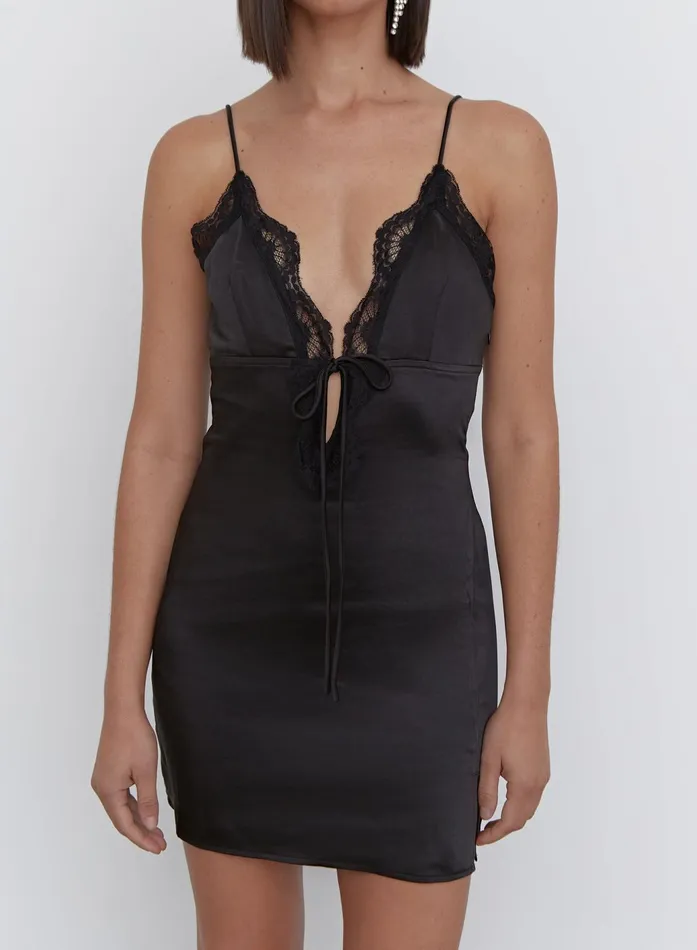 Women Black Satin Lace Trim Mini Dress Lancey 4th and Reckless Dresses