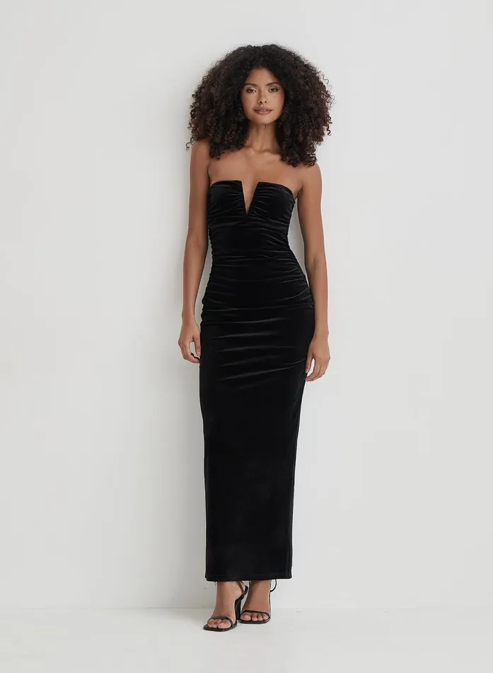 Women Black Velvet Bandeau Ruched Maxi Dress Ailsa 4th and Reckless Dresses