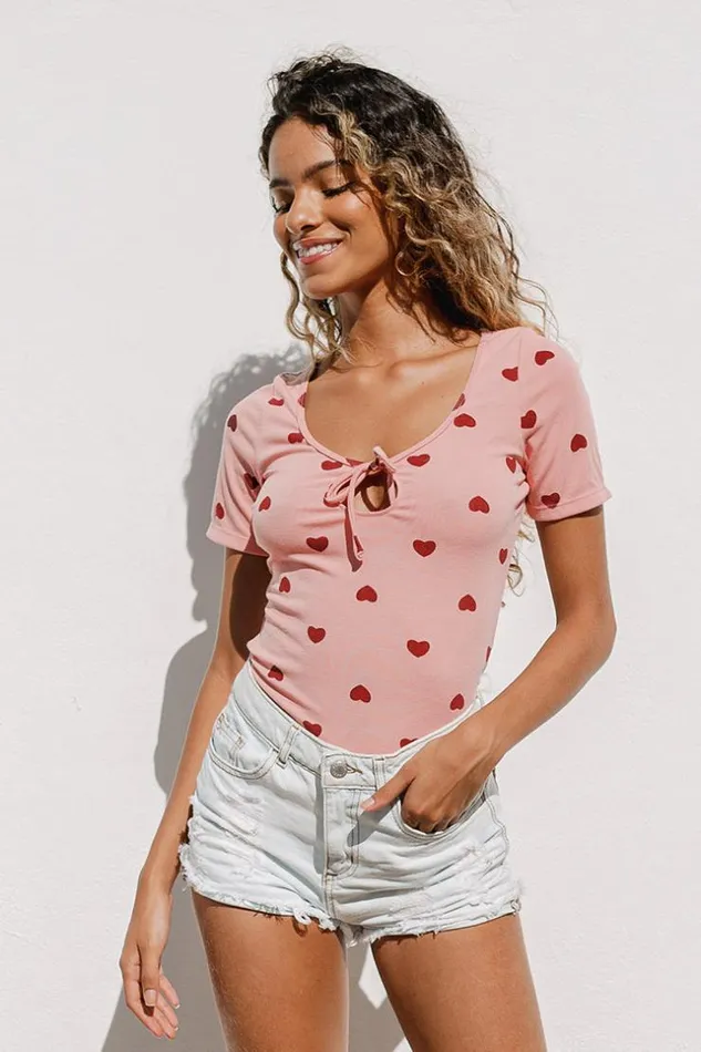 Women Bodysuits Cupshe Laurel Scoop Tie Heart PrintBodysuit Pink