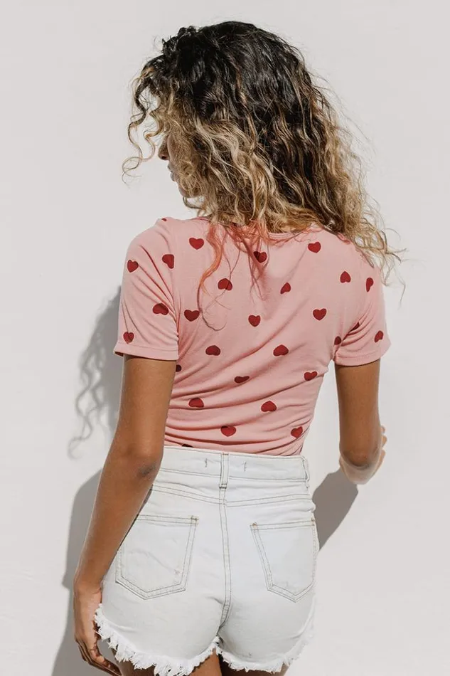 Women Bodysuits Cupshe Laurel Scoop Tie Heart PrintBodysuit Pink