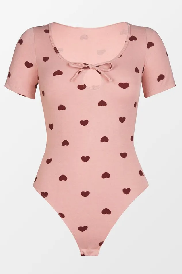 Women Bodysuits Cupshe Laurel Scoop Tie Heart PrintBodysuit Pink
