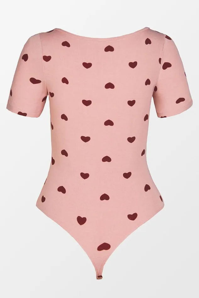 Women Bodysuits Cupshe Laurel Scoop Tie Heart PrintBodysuit Pink