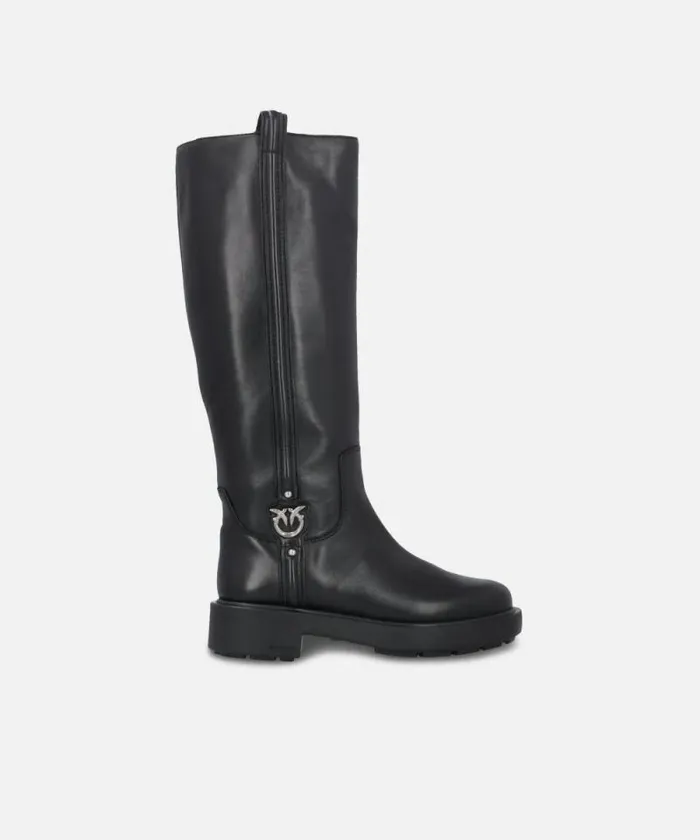 Women Boots Pinko High Leather Boots With Logo Detail Limo Black