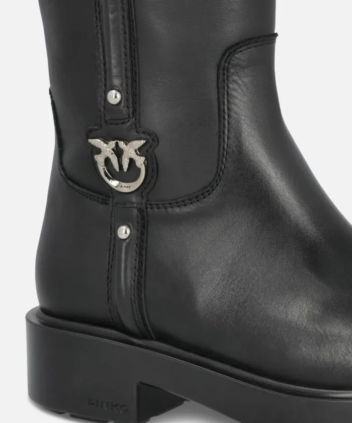 Women Boots Pinko High Leather Boots With Logo Detail Limo Black Women Boots Pinko High Leather Boots With Logo Detail Limo Black