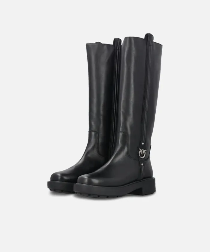 Women Boots Pinko High Leather Boots With Logo Detail Limo Black Women Boots Pinko High Leather Boots With Logo Detail Limo Black