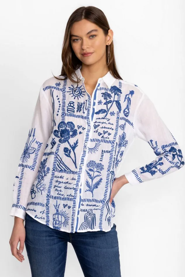 Women BOTANIQUE DOUBLE BUTTON OVERSIZED SHIRT White Johnny Was Tops Women BOTANIQUE DOUBLE BUTTON OVERSIZED SHIRT White Johnny Was Tops