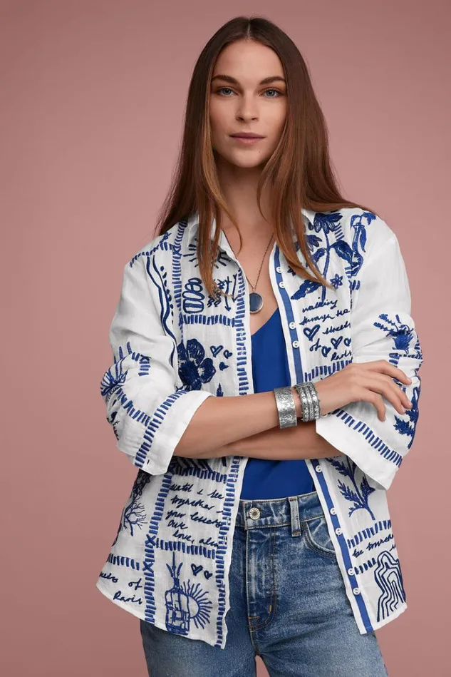 Women BOTANIQUE DOUBLE BUTTON OVERSIZED SHIRT White Johnny Was Tops Women BOTANIQUE DOUBLE BUTTON OVERSIZED SHIRT White Johnny Was Tops