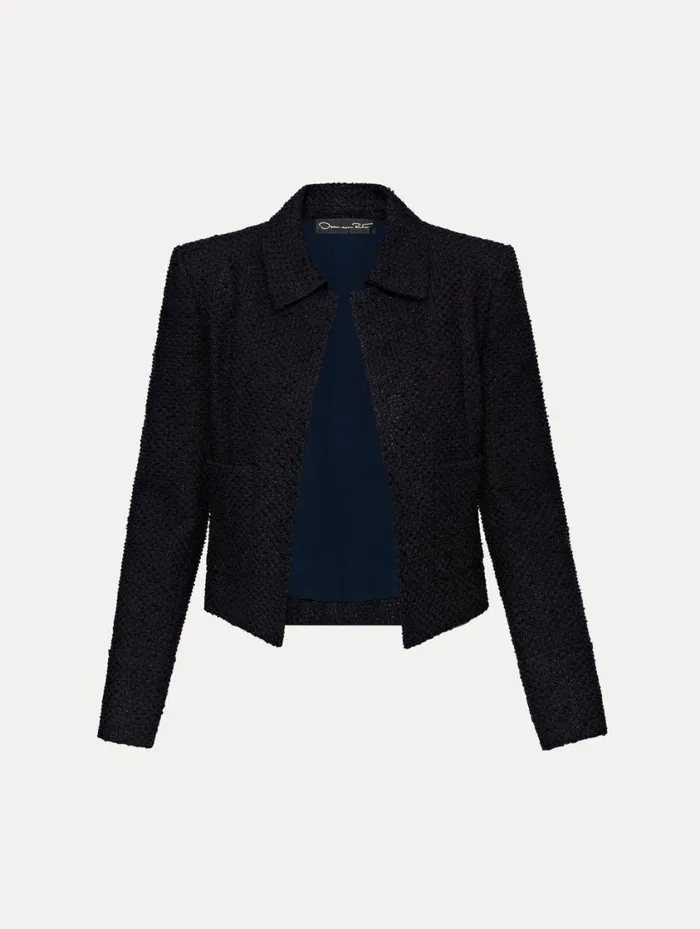 Women Boucle Tweed Jacket Dark Navy Oscar De La Renta Jackets and Coats