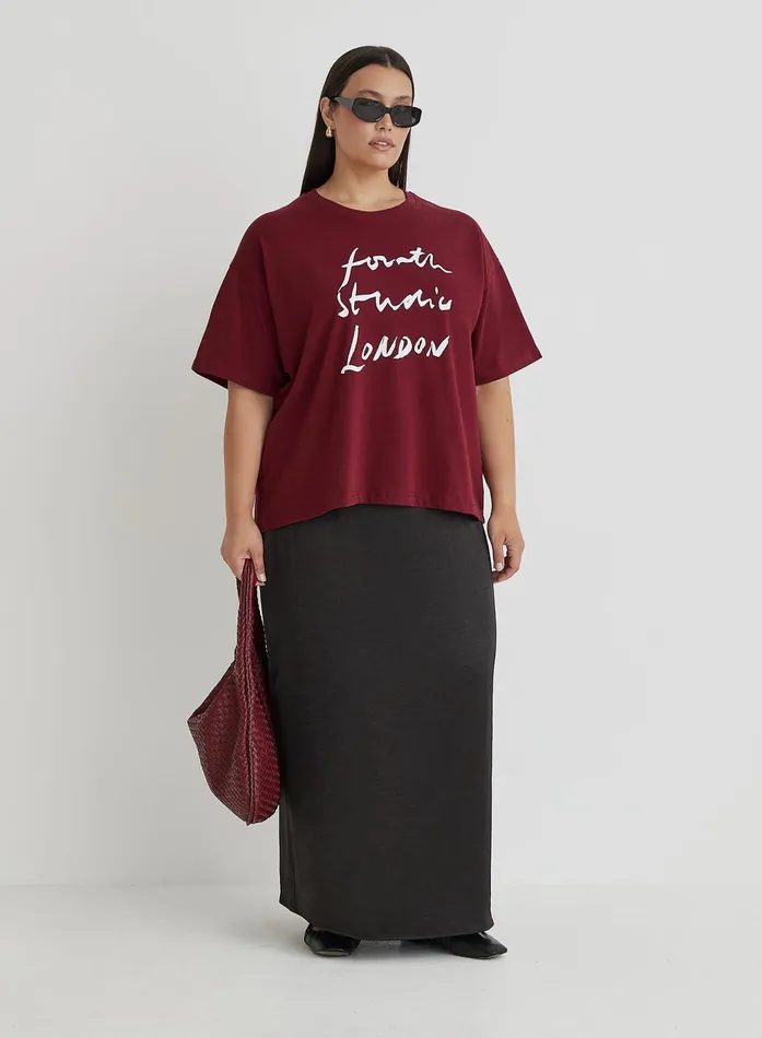 Women Burgundy Curve Fourth Studio Slogan TShirt Heidi 4th and Reckless Athleisure