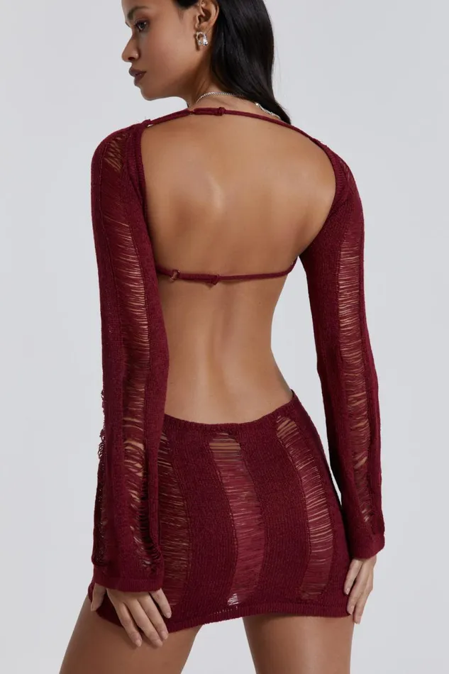 Women Burgundy Umbra Laddered Knit Mini Dress Jaded London Mini Dresses