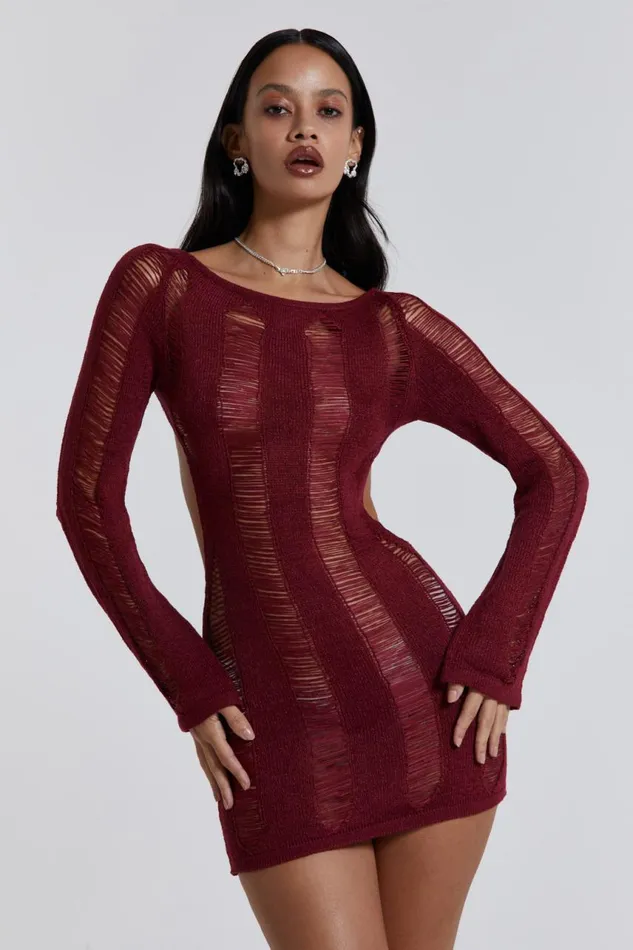 Women Burgundy Umbra Laddered Knit Mini Dress Jaded London Mini Dresses