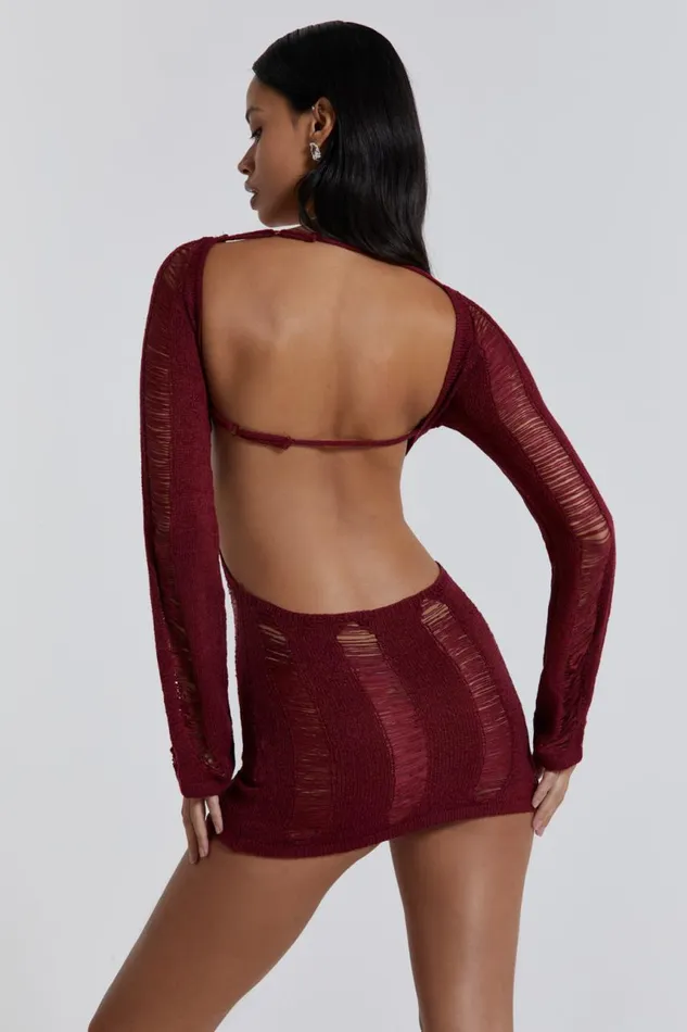Women Burgundy Umbra Laddered Knit Mini Dress Jaded London Mini Dresses