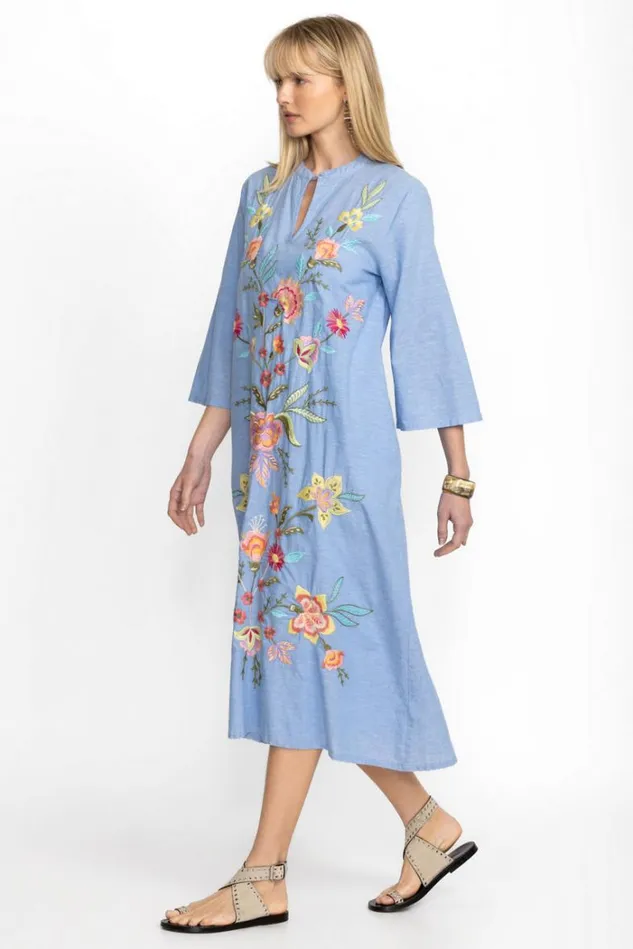 Women CAMELLIA MANDARIN COLLAR DRESS Light Denim Blue Johnny Was Dresses