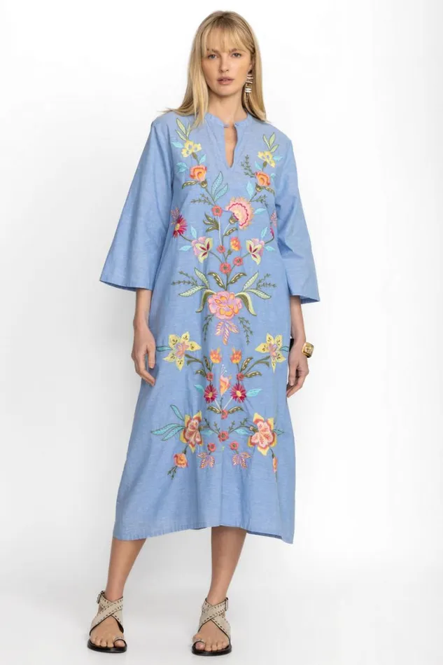 Women CAMELLIA MANDARIN COLLAR DRESS Light Denim Blue Johnny Was Dresses Women CAMELLIA MANDARIN COLLAR DRESS Light Denim Blue Johnny Was Dresses