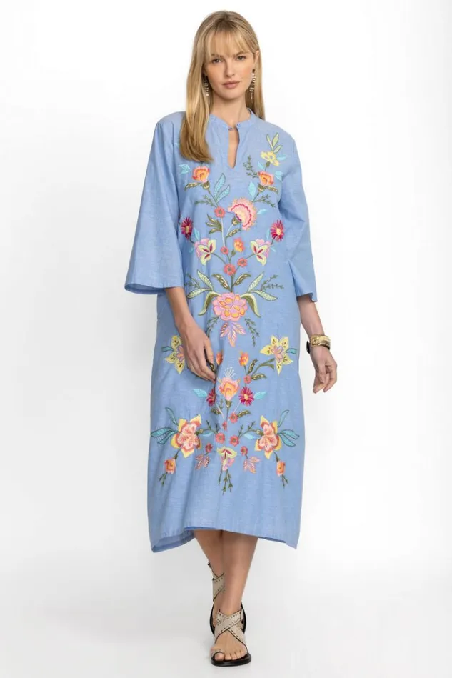 Women CAMELLIA MANDARIN COLLAR DRESS Light Denim Blue Johnny Was Dresses Women CAMELLIA MANDARIN COLLAR DRESS Light Denim Blue Johnny Was Dresses