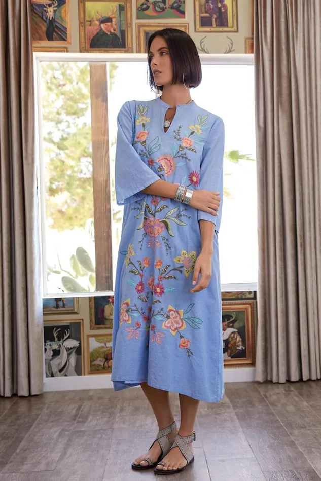 Women CAMELLIA MANDARIN COLLAR DRESS Light Denim Blue Johnny Was Dresses Women CAMELLIA MANDARIN COLLAR DRESS Light Denim Blue Johnny Was Dresses