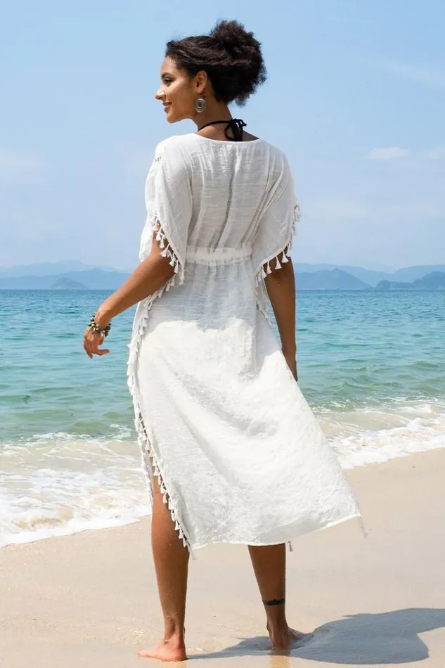 Women Cover Up Dresses Cupshe Juliet Tassel Trim Belted Cover Up White