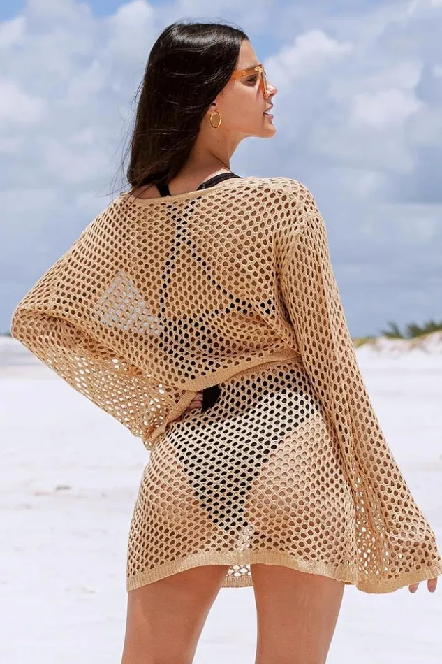 Women Cover Up Sets Cupshe Hermosa Drop Shoulder Sleeve Crochet Coverup Set Khaki