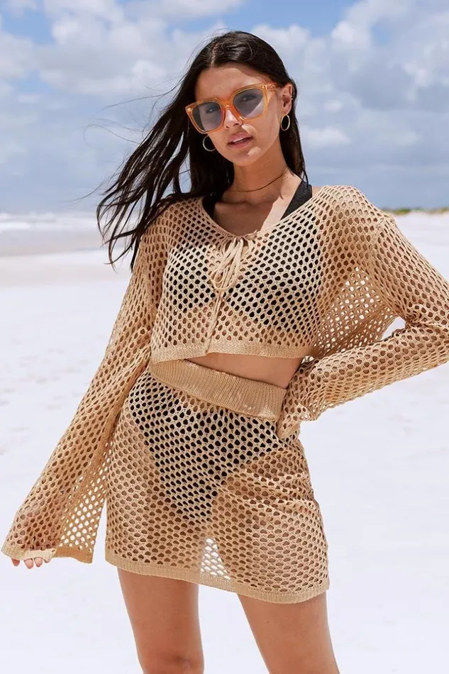 Women Cover Up Sets Cupshe Hermosa Drop Shoulder Sleeve Crochet Coverup Set Khaki
