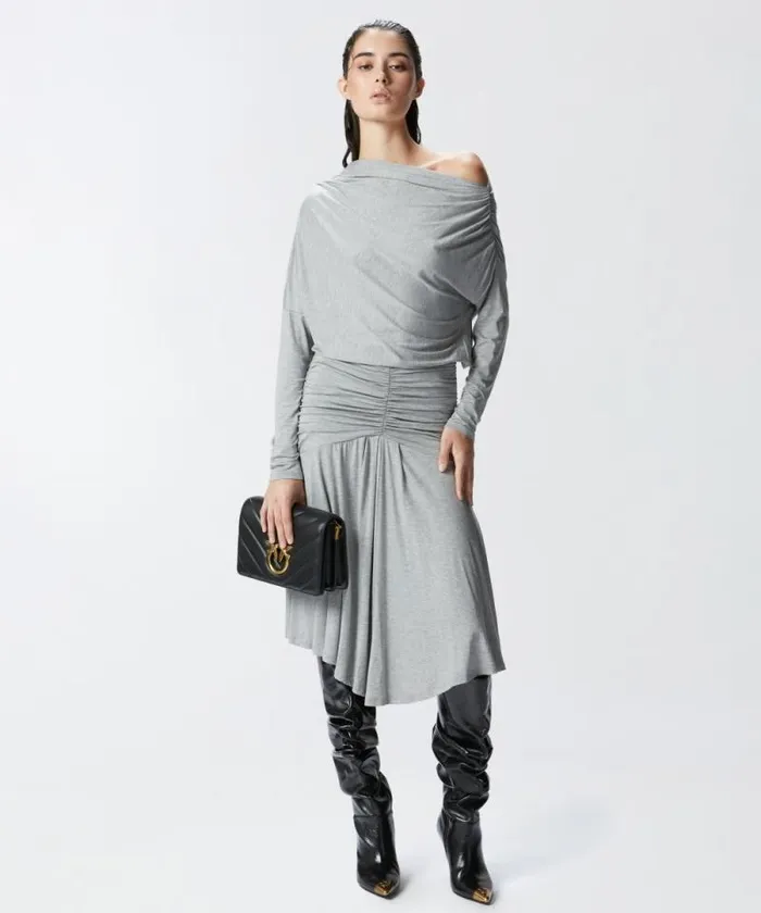 Women Dresses Pinko Draped Jersey Midi Dress With Exposed Shoulder Drizzle Grey Women Dresses Pinko Draped Jersey Midi Dress With Exposed Shoulder Drizzle Grey