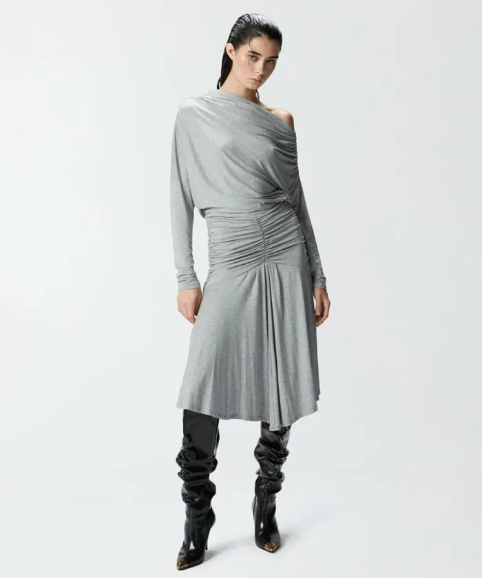 Women Dresses Pinko Draped Jersey Midi Dress With Exposed Shoulder Drizzle Grey Women Dresses Pinko Draped Jersey Midi Dress With Exposed Shoulder Drizzle Grey